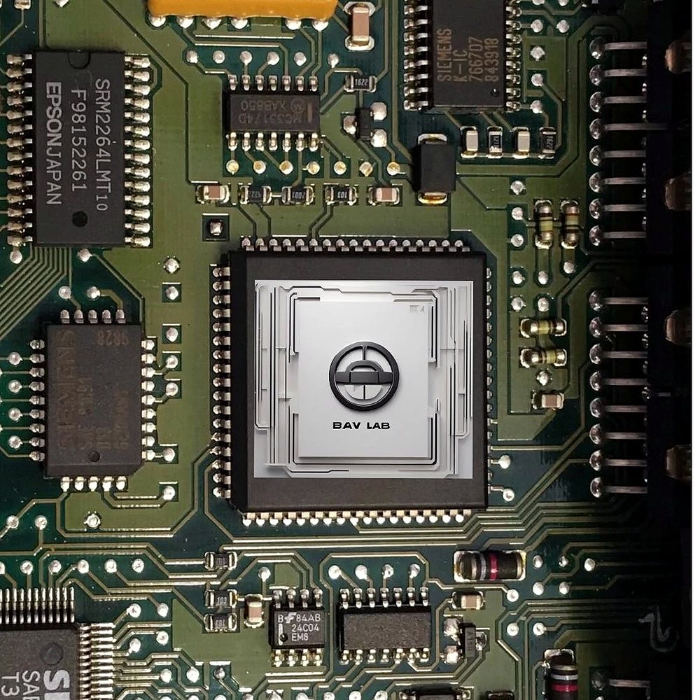 A control module circuit board carrying the BAV LAB mark